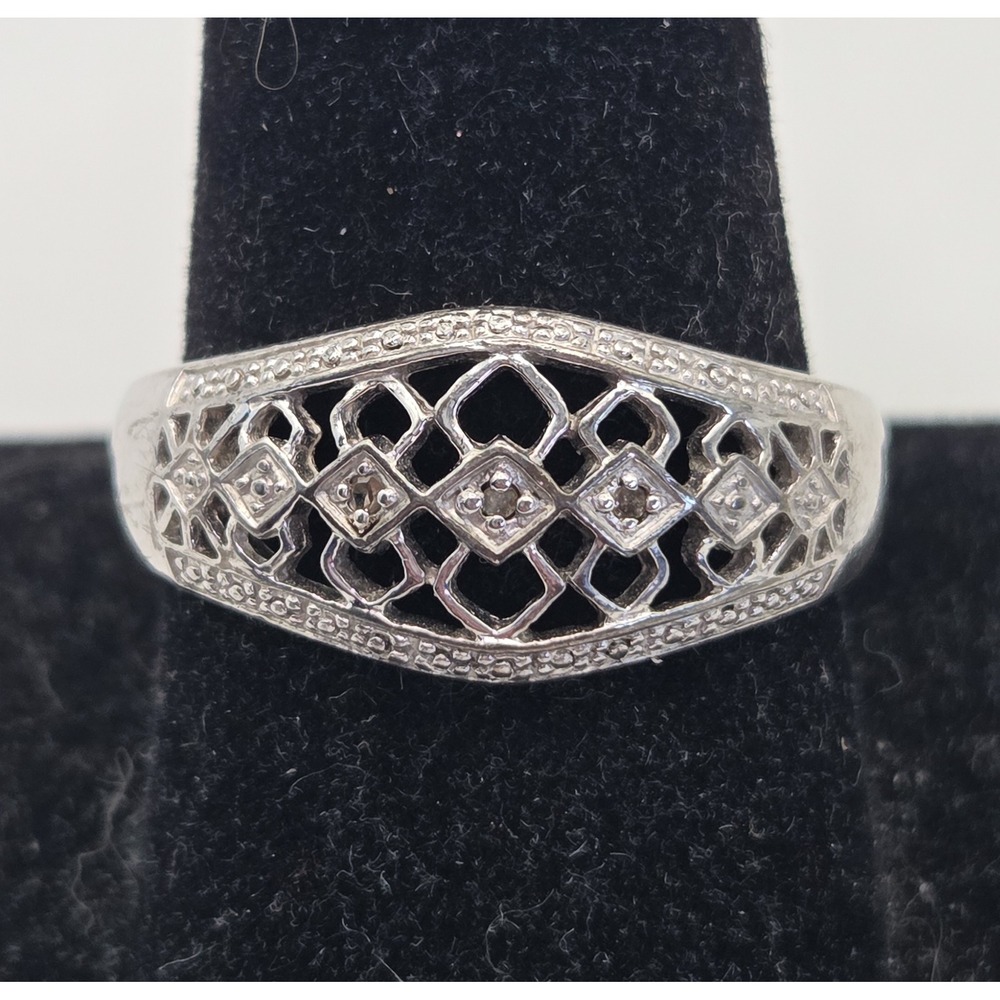 RJ Sterling Silver 925 Openwork Lattice Geometric Diamond Accent Ring Size 11